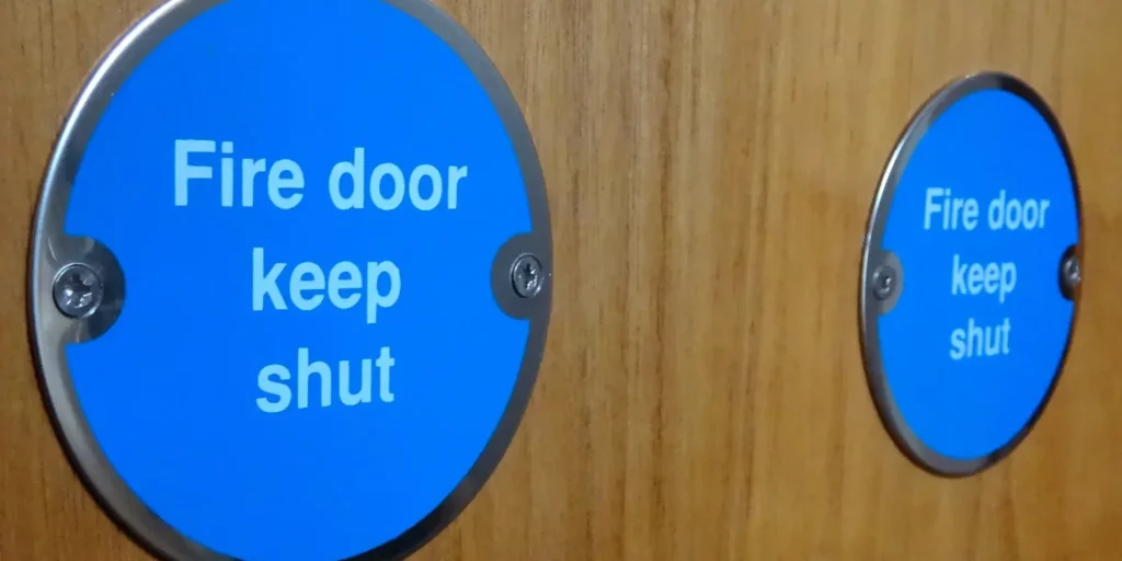 Close up of two blue circular metal plaques on two wooden doors saying "Fire door keep shut".