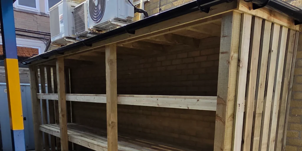 Bespoke bag storage at Ryedale School, made from sanded timber and Hertalan rubber roof